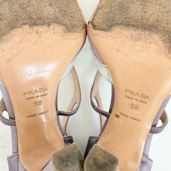 Prada Vintage Lilac Satin Snakeskin Trim Cutout Mary Jane T-Strap Heels EU38 - Picture 9 of 11